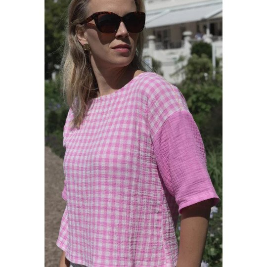 Top Zoé double-gaze de coton vichy rose et blanc