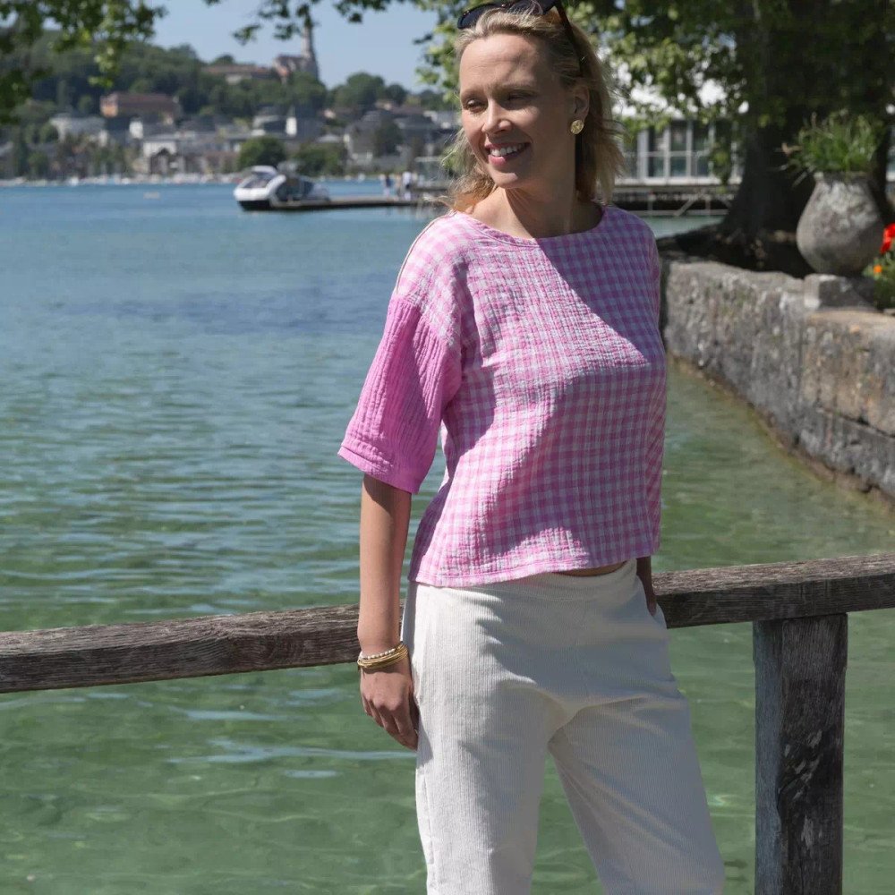 Top Zoé double-gaze de coton vichy rose et blanc