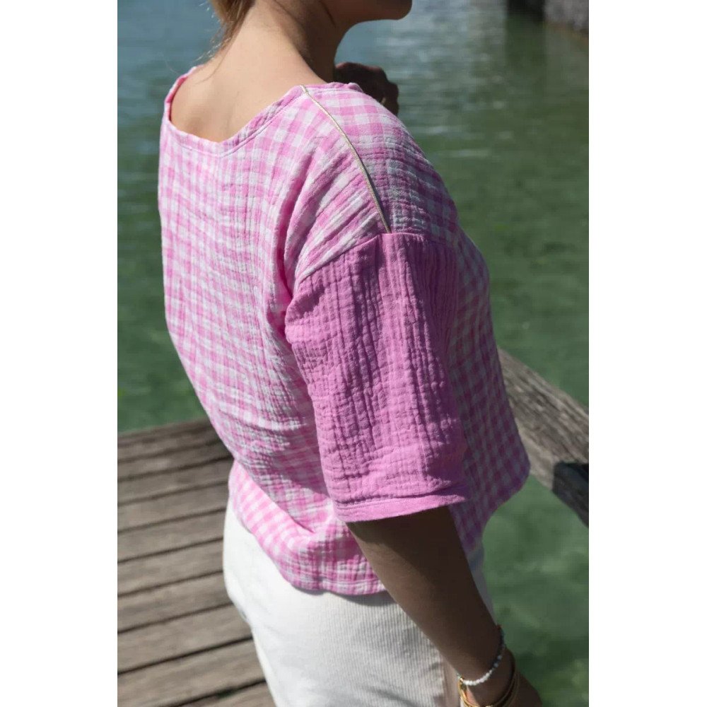Top Zoé double-gaze de coton vichy rose et blanc