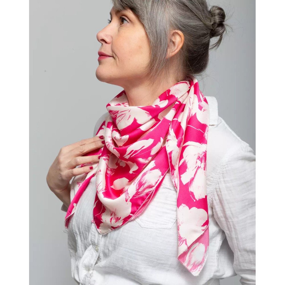 Foulard Azalée - Motif floral rose fuschia écru