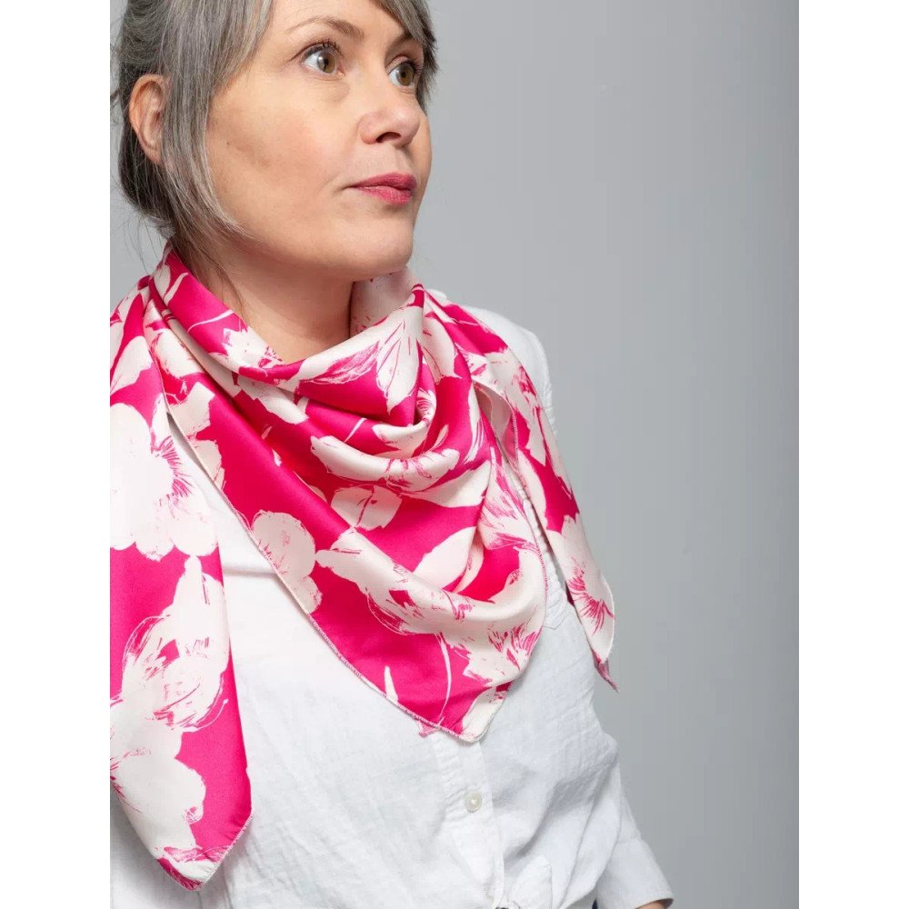 Foulard Azalée - Motif floral rose fuschia écru