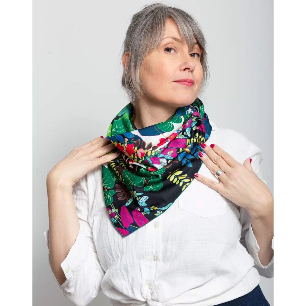 Foulard Botanica - Motif floral multicolore sur fond noir et blanc