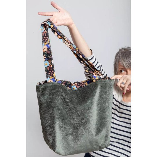 Cabas réversible Millefleurs - Côté panne de velours céladon