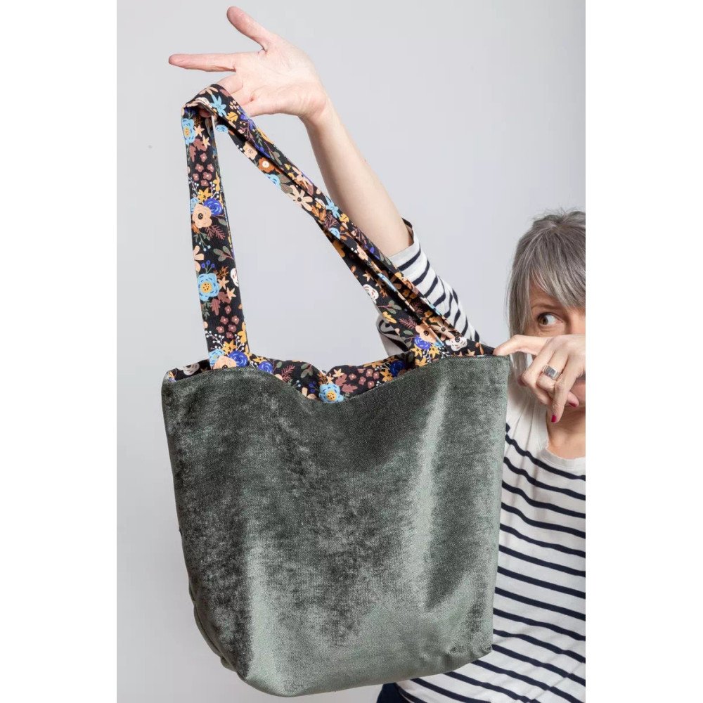 Cabas réversible Millefleurs - Côté panne de velours céladon