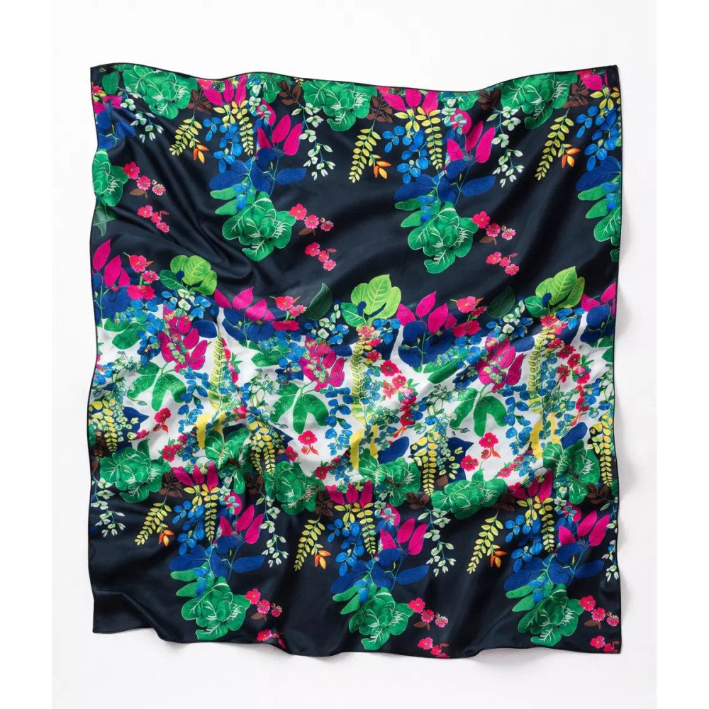 Foulard Botanica - Motif floral multicolore sur fond noir et blanc