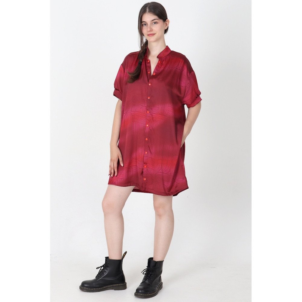 Robe-chemise fluide femme Pulsica bordeaux avec poches, vue de face en pied.