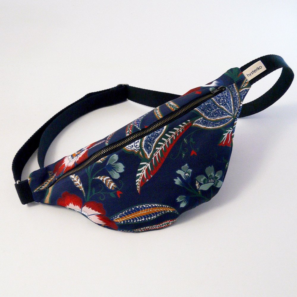 Sac banane femme Fanny Ottoman bleu à motif floral upcyclé