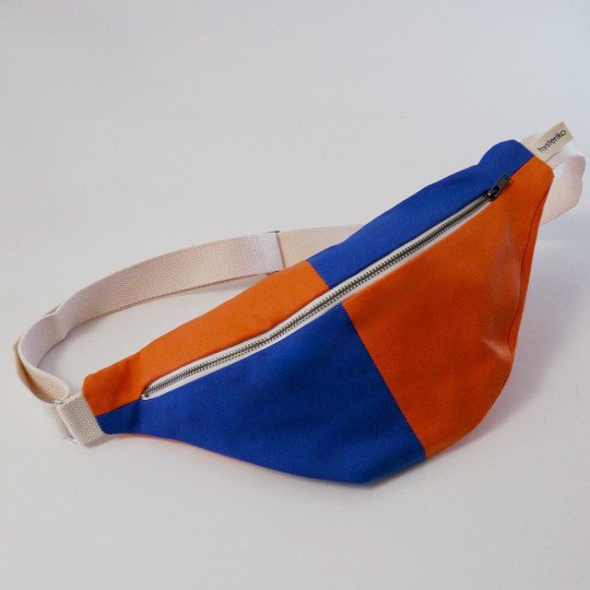 Sac banane femme Fanny Damier orange et bleu en coton upcyclé