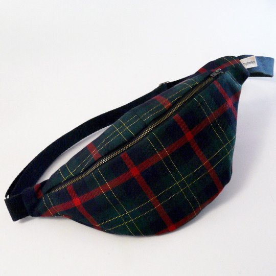 Sac banane femme Fanny Tartan rouge bleu marine et jaune en tissu upcyclé