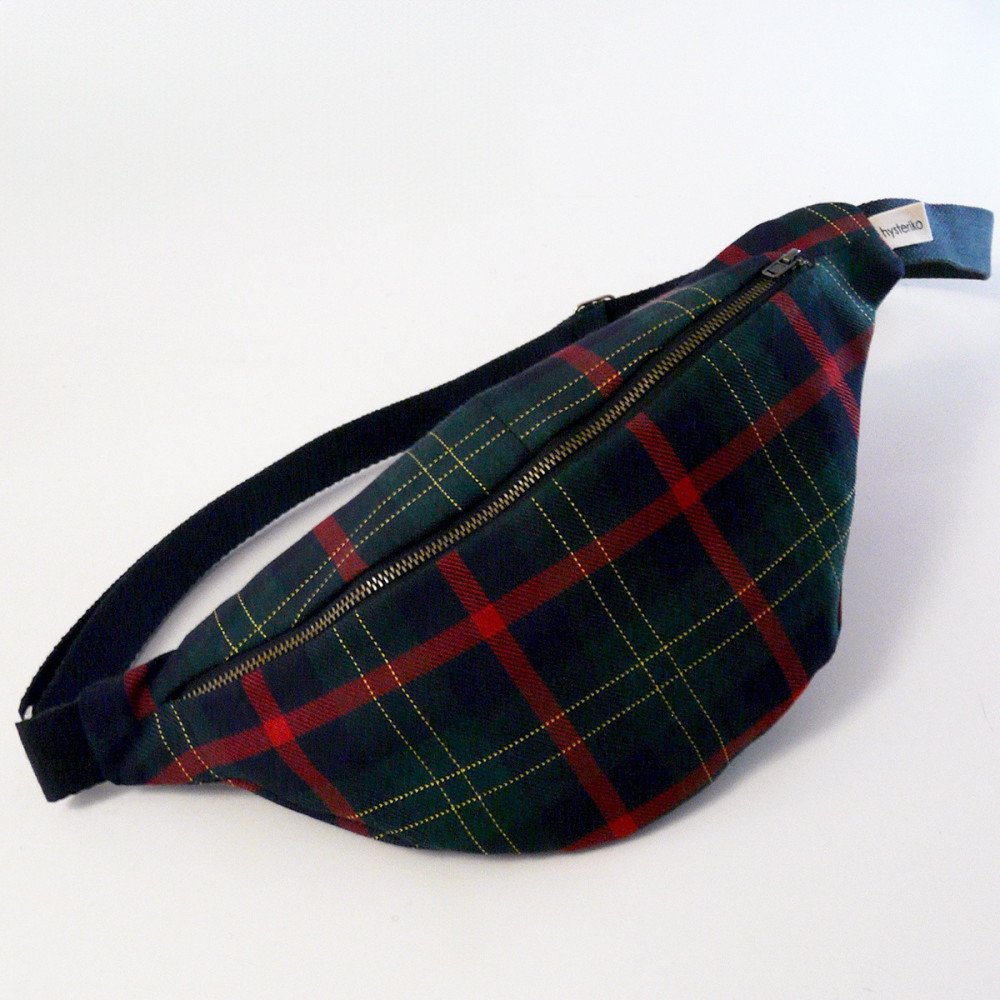 Sac banane femme Fanny Tartan rouge bleu marine et jaune en tissu upcyclé