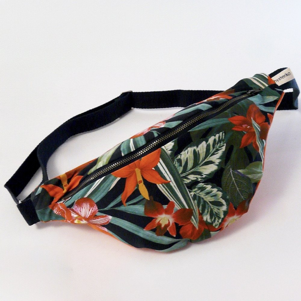 Sac banane femme Fanny Jungle à imprimé végétal noir vert et orange