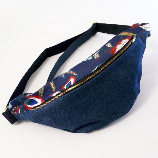 Sac banane femme Fanny Ottoman Denim en jean bleu marine et tissu floral